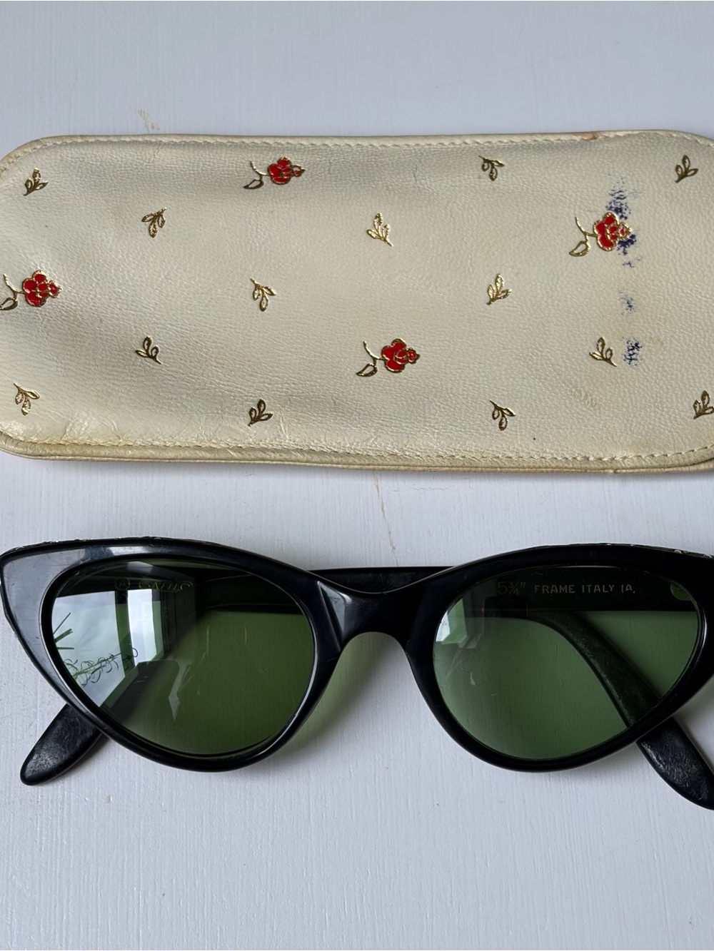1960s Vintage Safilo Italy Black Gem Cateye Glasses w/ Green Prescription Lenses